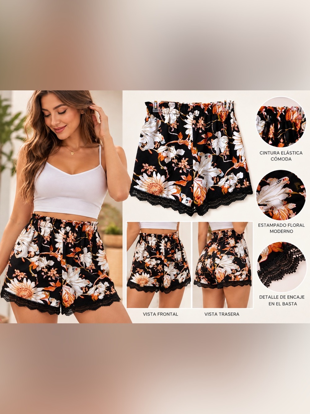 SHEIN Black Floral Lace-Trim Women's Shorts